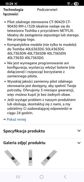 Pilot do telewizora Toshoba zamiennik