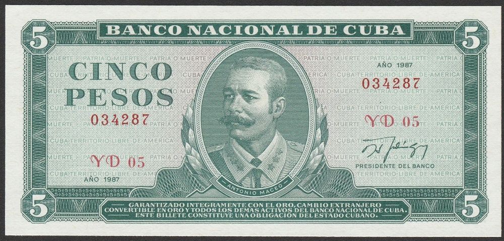 Kuba Cuba 5 pesos 1987 - Maceo - YD - stan bankowy UNC