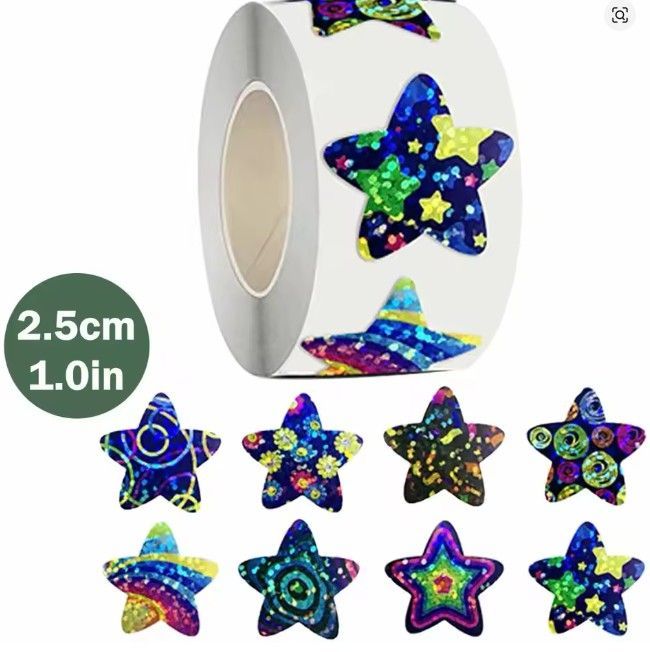 Rolo com 500 Adesivos Holográficos em Forma de Estrela – 2,5cm Cada