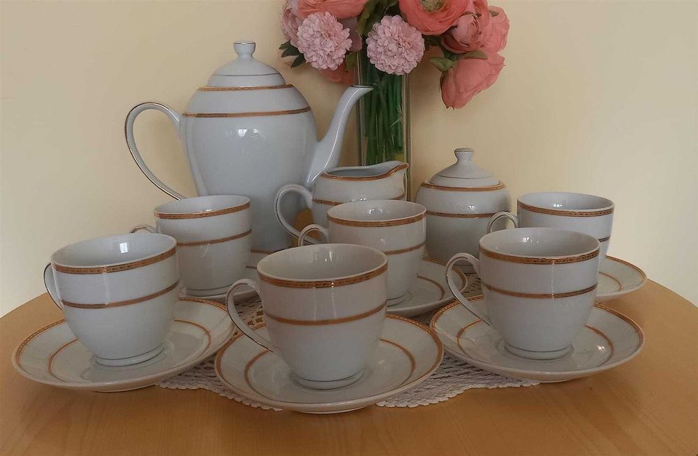 Złocony serwis do kawy i herbaty, 6 osób, 15 elementów, Nowy!