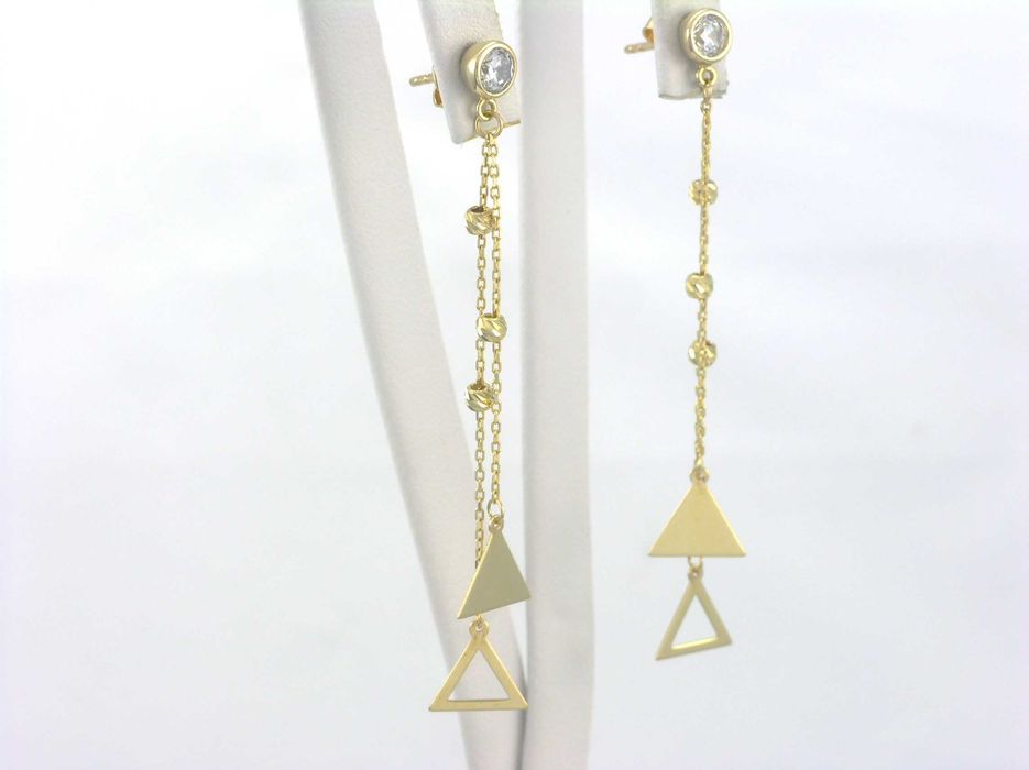 Złote kolczyki wiszące łańcuszki z trójkątami i kuleczkami próba 585