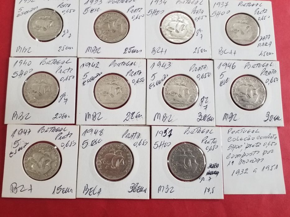 Moedas antigas portuguesas em prata.