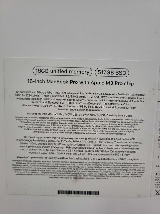 MacBook Pro 16" (2023) – Apple M3 Pro, 18 GB RAM, 512 GB SSD – stan idealny