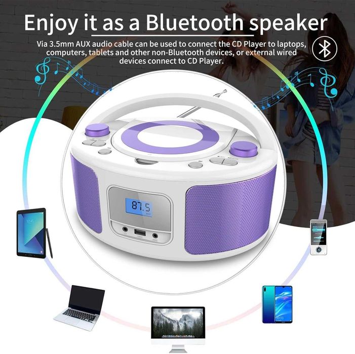 Odtwarzacz CD, boombox Bluetooth, pilot, radio FM, USB
