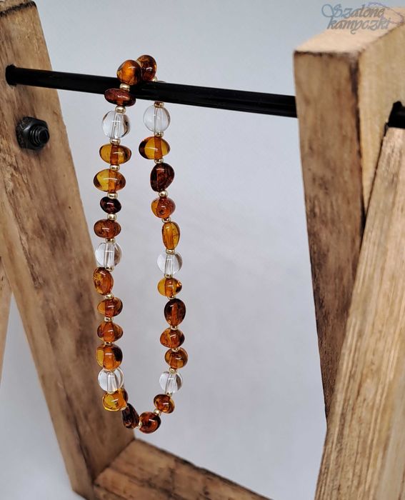 Bransoletka bursztyn bałtycki koniak, kryształ górski #116