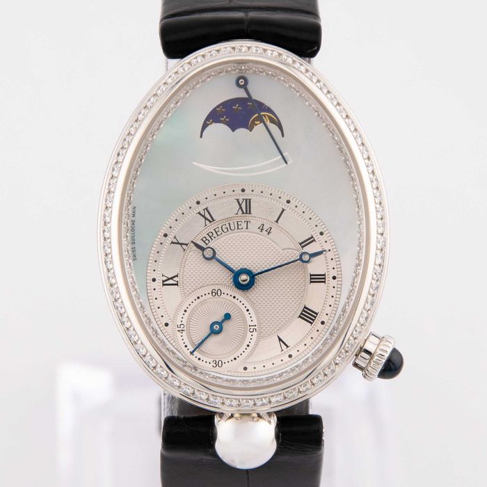 Damski Breguet Reine de Naples Phase de Lune 28.5mm x 36.5mm 18k Białe Złoto & Diamenty & Masa Perłowa FULL SET 2012 Ref. 8908BB/52/864.D00D