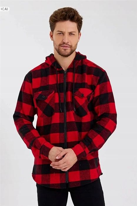 Męska koszula casual w kratę z kapturem sportowa xl 5ia