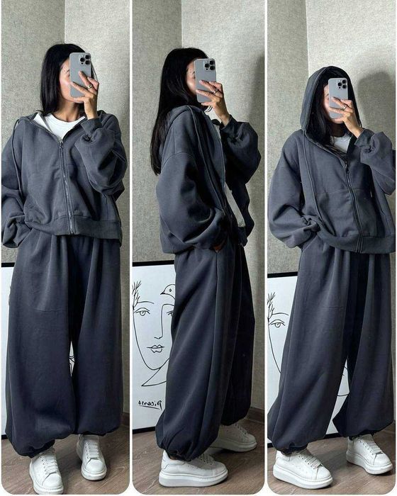 Жіночий зимовий оверсайз костюм НА ФЛІСІ кофта худі і штани джогери