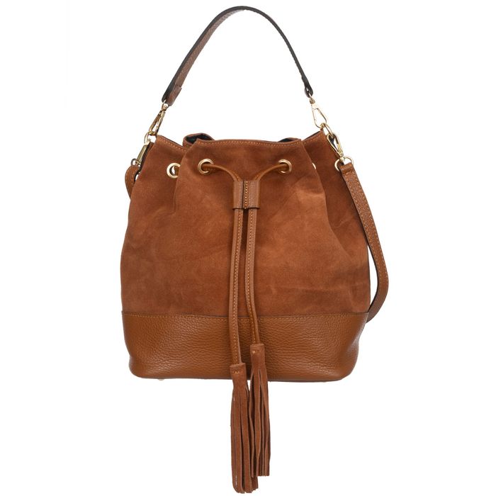 VERA PELLE torebka damska zamszowa kuferek z paskiem V490 camel