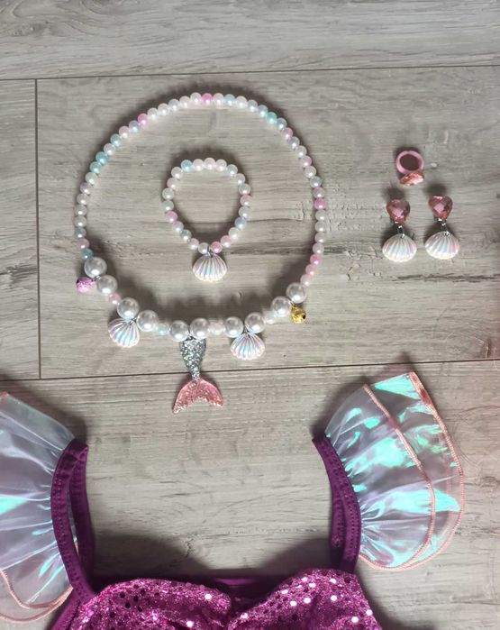 Nowy strój! Syrenka Ariel + PERUKA + biżuteria! r. 122/128