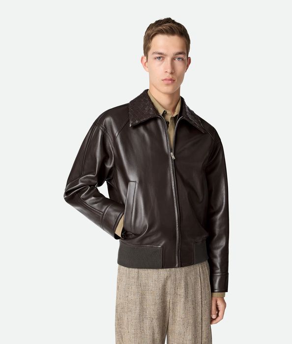 Чоловіча шкіряна куртка-бомбер Bottega Veneta Intrecciato Collar Brown (Коричнева брендова куртка з натур. шкіри) XL