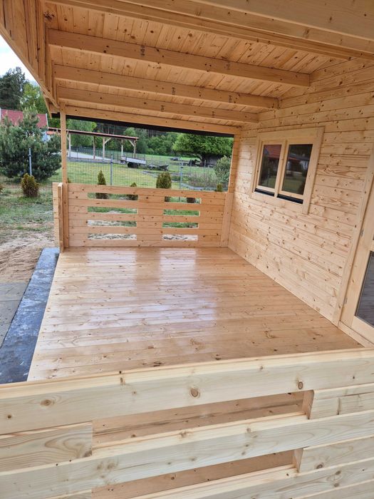 piękny MASYWNY domek drewniany + TARAS* 8m x 5m*40 m2*SCIANY aż 45 mm