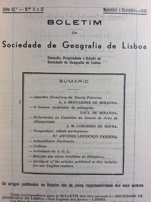 Boletim da Sociedade de Geografia de Lisboa. - 1945. Ver sumário