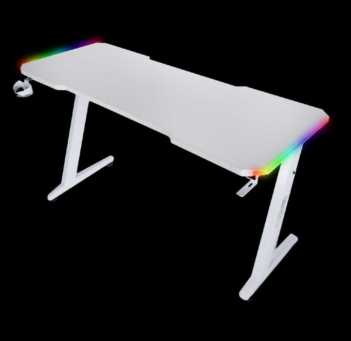 Nowe Białe Biurko Gamingowe 140x60 cm – Gruby Blat 2,5 cm + LED