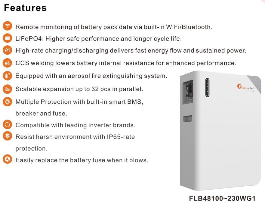 Armazenamento de energia Felicity Solar FLB48100WG1-H 5.12 kWh LiFePO4