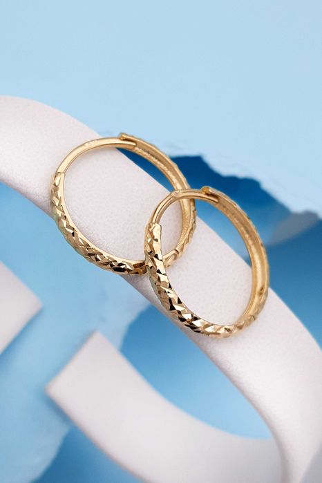 Złote kolczyki diamentowane, lśniące koła 1,7 cm pr. 585