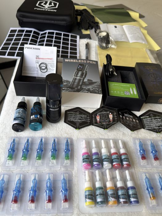 Kit Tatuagem Profissional COMPLETO | Máquina Pen Sem fios, Pele Treino, Instruções, Stroke Regulável