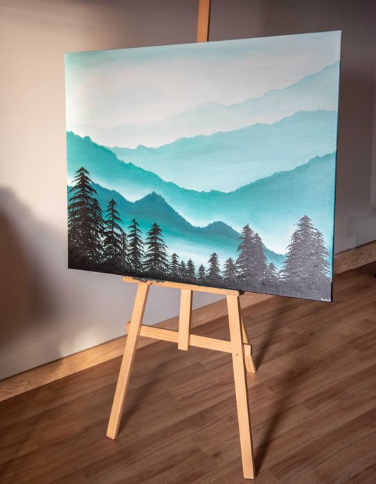 Obraz ręcznie malowany duży. akryl. 100x80 las mgła góry malarstwo