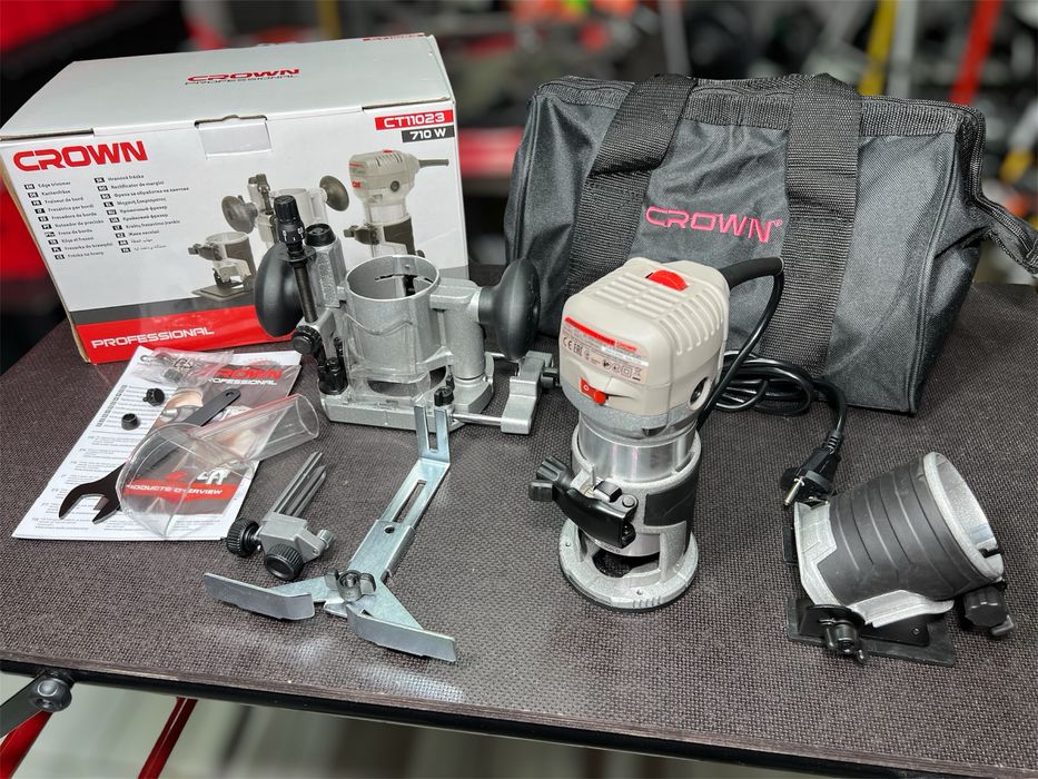 Кромочный фрезер Crown CT11023 Цанги 6, 8 мм/710 Вт + 3 базы