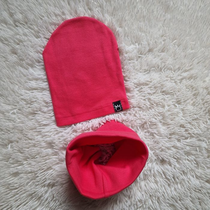 Czapka z kominem Mimi bawełniana kpl wiosenny prążkowany rozowy