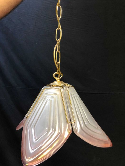Candeeiro Art Deco Dourado  Vidro Rosa