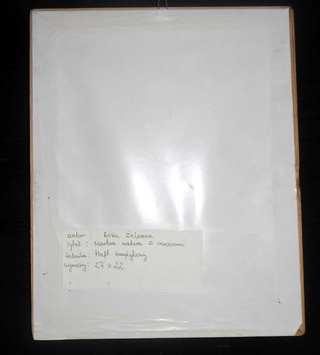 Obraz artystyczny, wyszywany, sygnowany "Martwa natura z owocami"