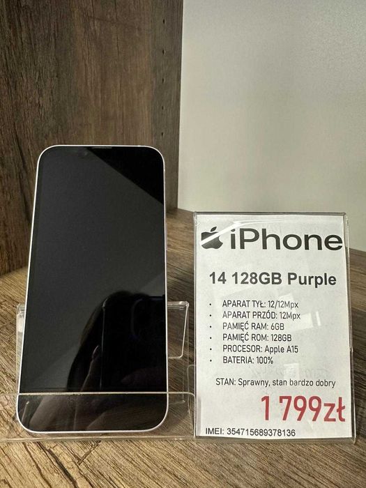 Smartfon Telefon Apple iPhone 14 128GB Purple bateria: 100% stan bdb gwarancja