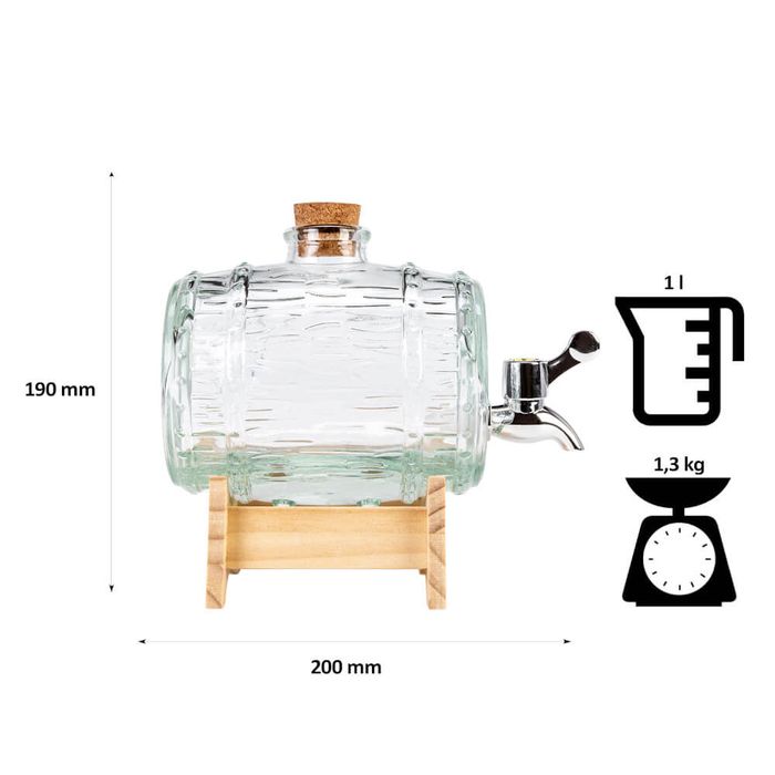 Beczka beczułka 1l szklana + stojak + tabliczka z nadrukiem