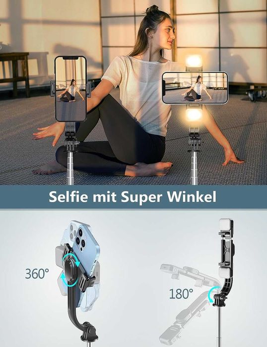 TUPWOON Q02M Statyw Bluetooth selfie lampa LED regulacja 21cm do 114cm
