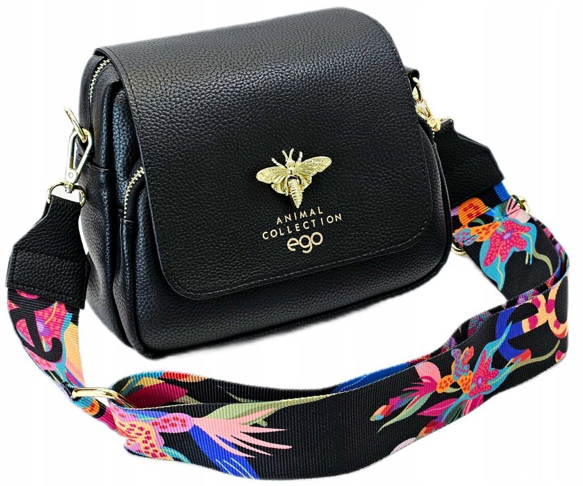 Ego Polska Torebka Damska Pszczółka Czarna Matowa Kolorowy Pasek Skóra