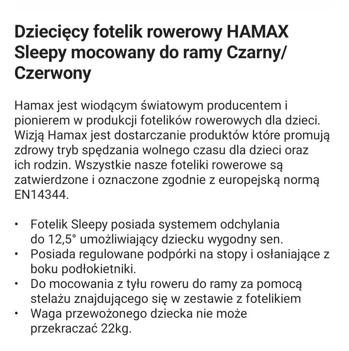 Fotelik Hamax sleepy z uchwytem do roweru