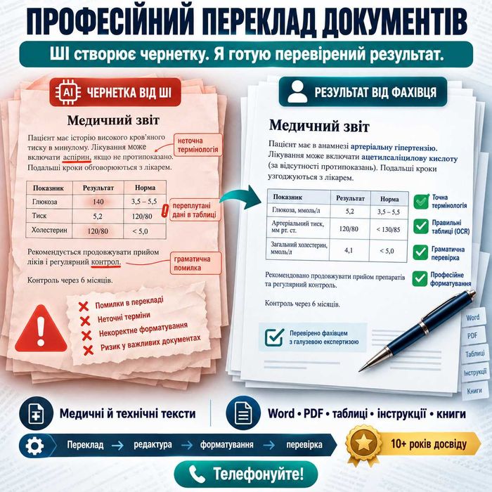 Переклад текстів медичних і технічних документів зі збереженням форматування, перекладач | редактура ШІ, Word/PDF, таблиці, інструкції, книги
