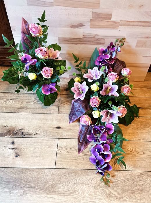 Zestaw nagrobny sztuczne kwiaty fiolet lila róż brudny pastelowy