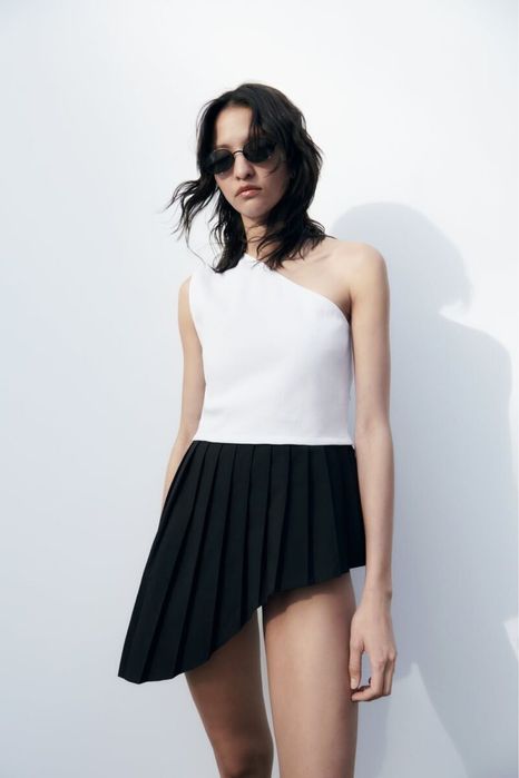 Блуза,топ,майка на одне плече,в рубчик,ажурна,біла з чорним,zara S