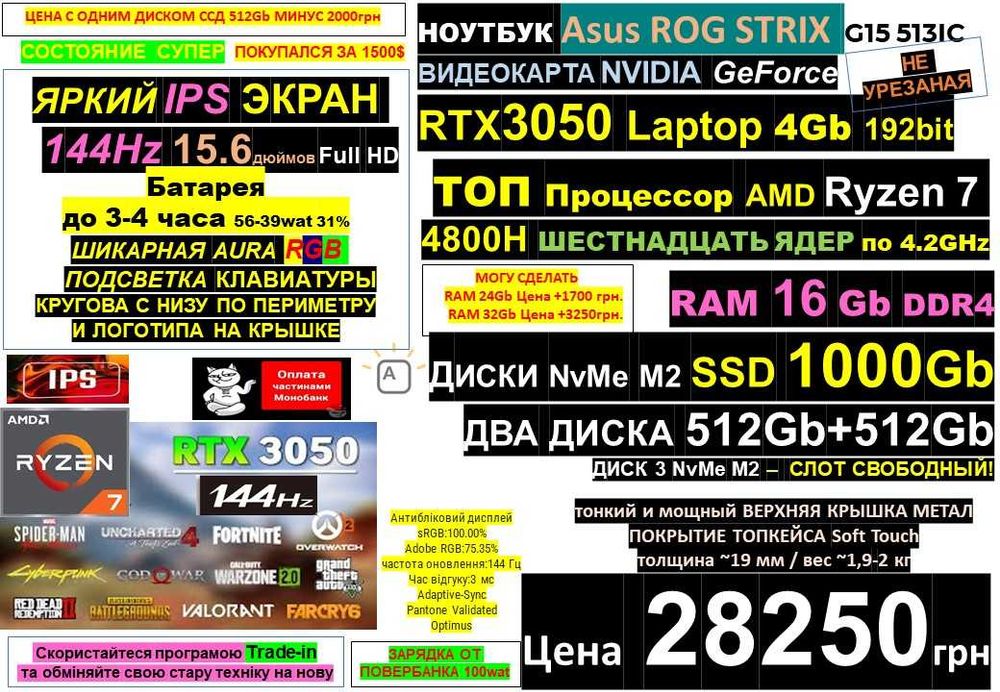 150+ Ноутбуківℹ️ ТОП ASUS ROG Strix 144Hz‼️RTX3050 / Ryzen 7 4800H 16 ядер/SSD 1000Gbℹ️/RAM 16-32Gb‼️Traid-in / Розтрочка