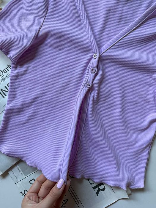 Lawendowa bluzka w prążek z falowanym dołem 25% cotton