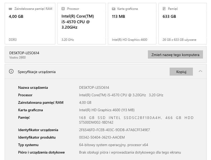 Dell Vostro 3900 Win 10 Pro, i5 4570, SSD 180GB + HDD 500GB