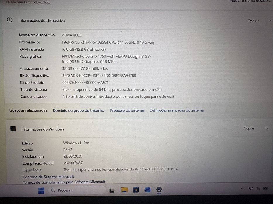 HP Pavilion 15-cs3xxx | i5-1035G1 | 16GB RAM | GTX 1050 | SSD 512GB | Windows 11 Pro