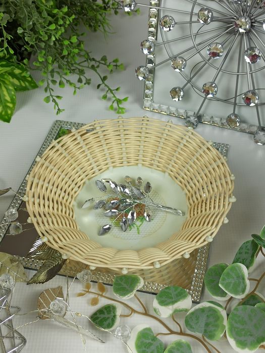 Vintage Okrągły Biały Ażurowy Koszyk Boho PRL 19 cm