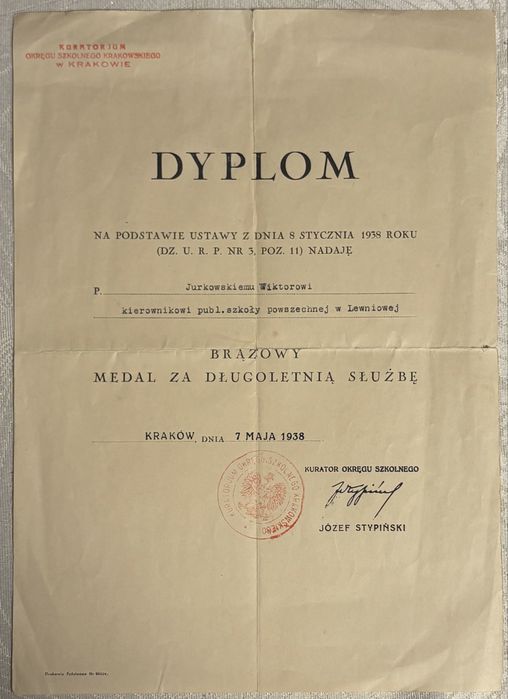 Dyplom Brązowy Medal Kuratorium Szkolne Kraków 1938 rok II RP