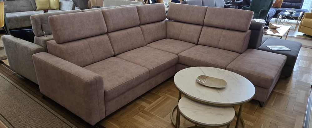 Narożnik z funkcją spania beżowy ELBRUS reg. zagłówki