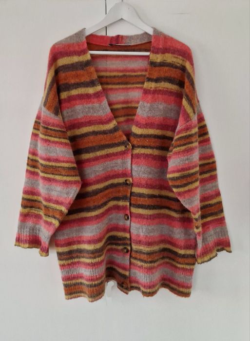 Zara wełniany alpaka kardigan w paski sweter