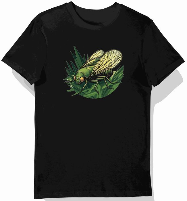 Koszulka męska czarna z motywem zielonego owada na tle trawy M