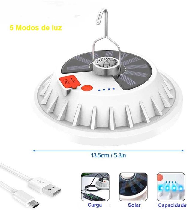Luz portátil recarregável com sol/USB para acampamentos ou mochileiros