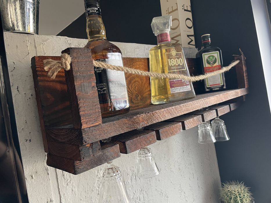 Półka loft barek na alkohol wino kieliszki deska opalana