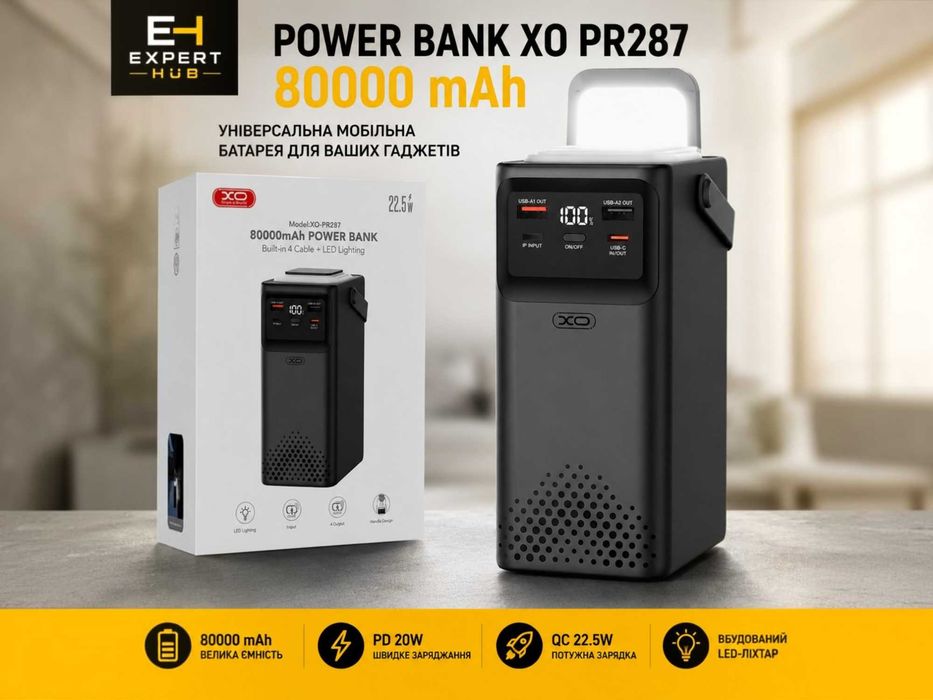 Зовнішній акумулятор XO PR287 80000mAh павербанк з ліхтариком 22.5W