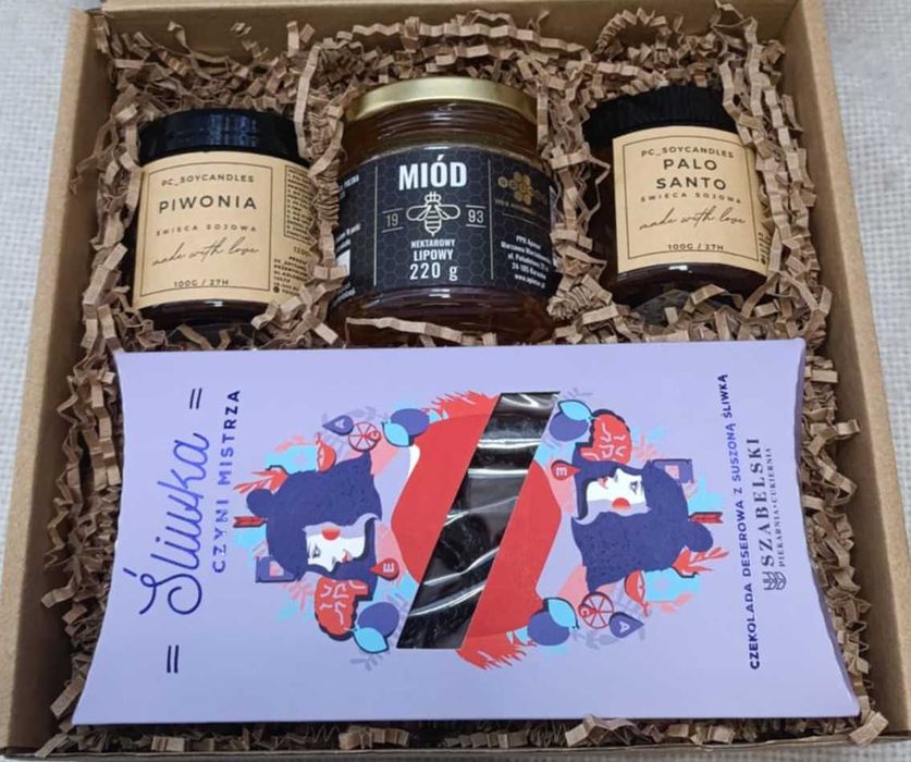 Zestaw Prezentowy 2xŚwieca Sojowa 120+Miód L.220g+Czek. Gorzka SERCE