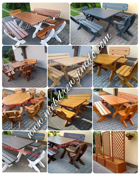 Ogrodowe meble drewniane + metal ocynk stół 2 ławki 2 fotele zestaw