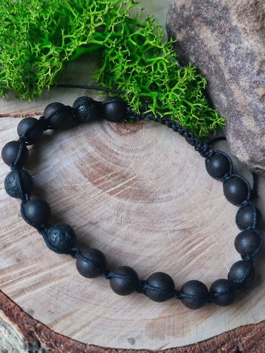 Bransoleta męska, różaniec, czarny heban, lawa wulkaniczna