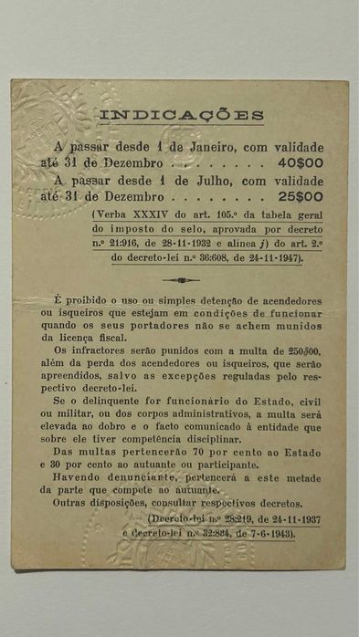 Antiga licença para uso de isqueiros e acendedores